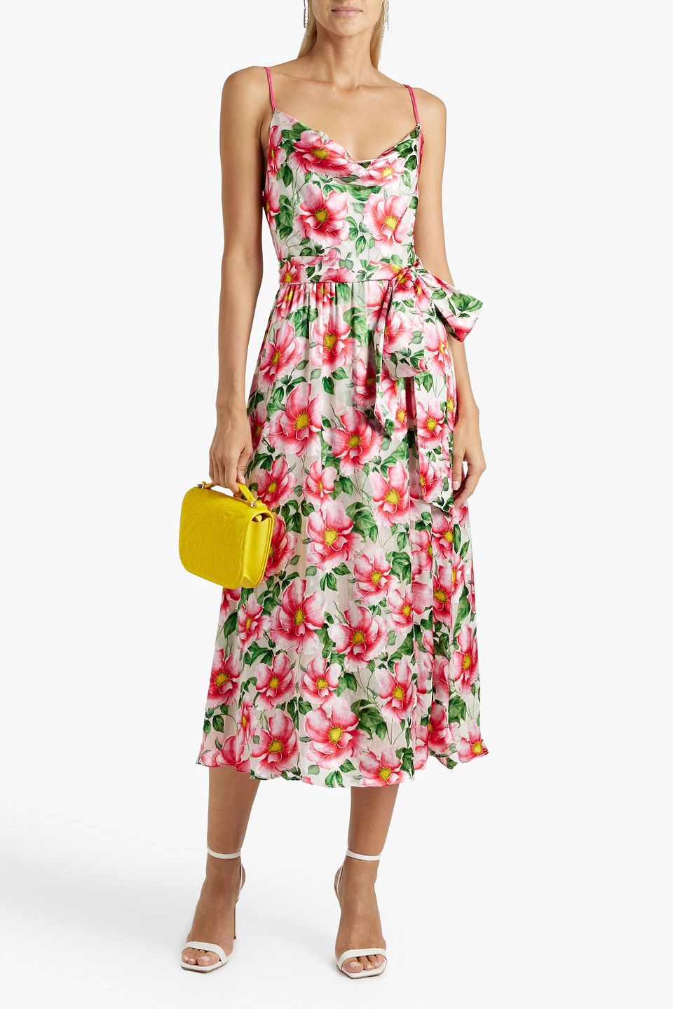 Shop Alice And Olivia Samantha Draped Floral-print Satin Midi Dress In Pink