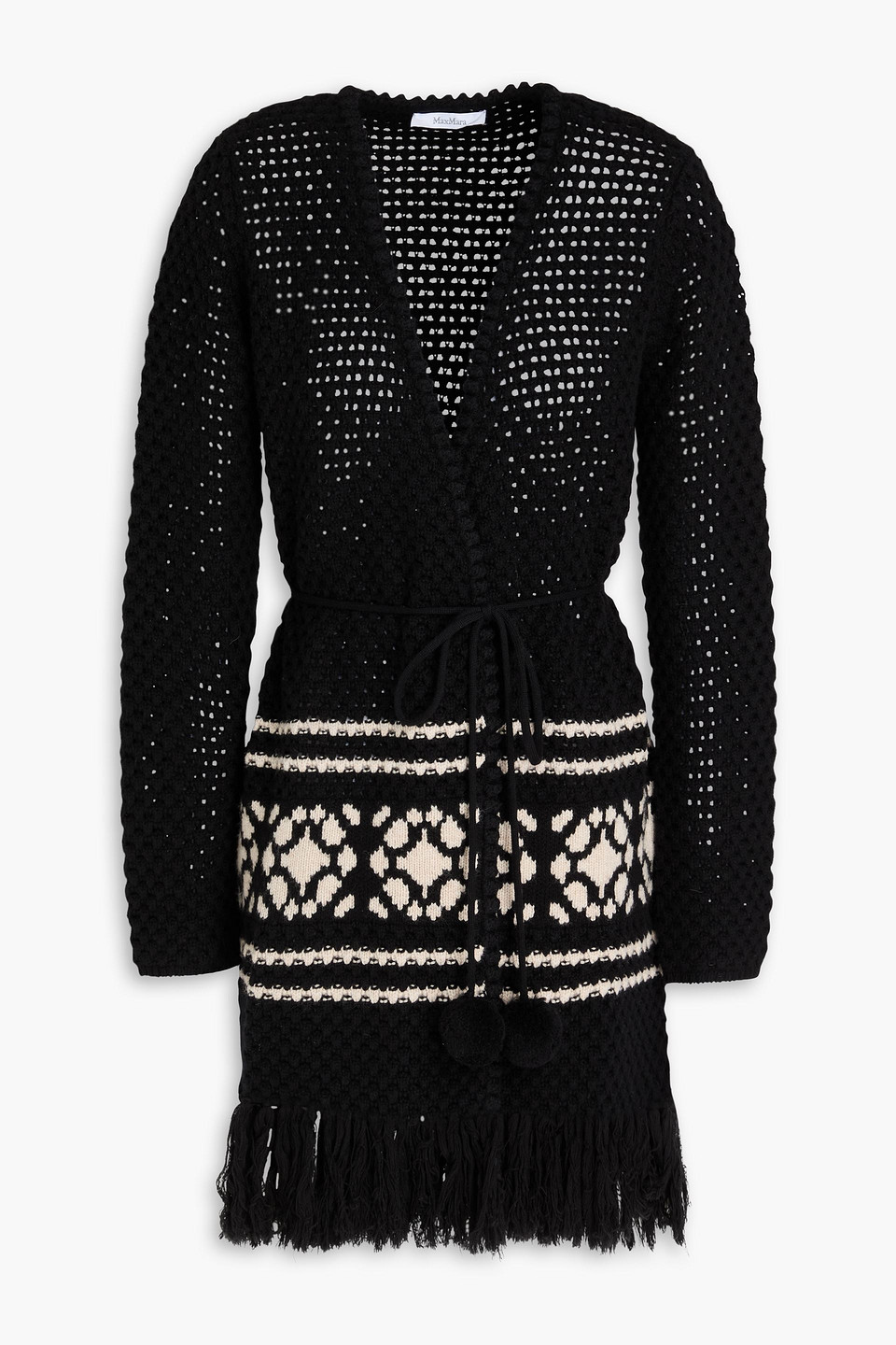 Max Mara Fringed Crochet-knit Wool And Cashmere-blend Cardigan In Black