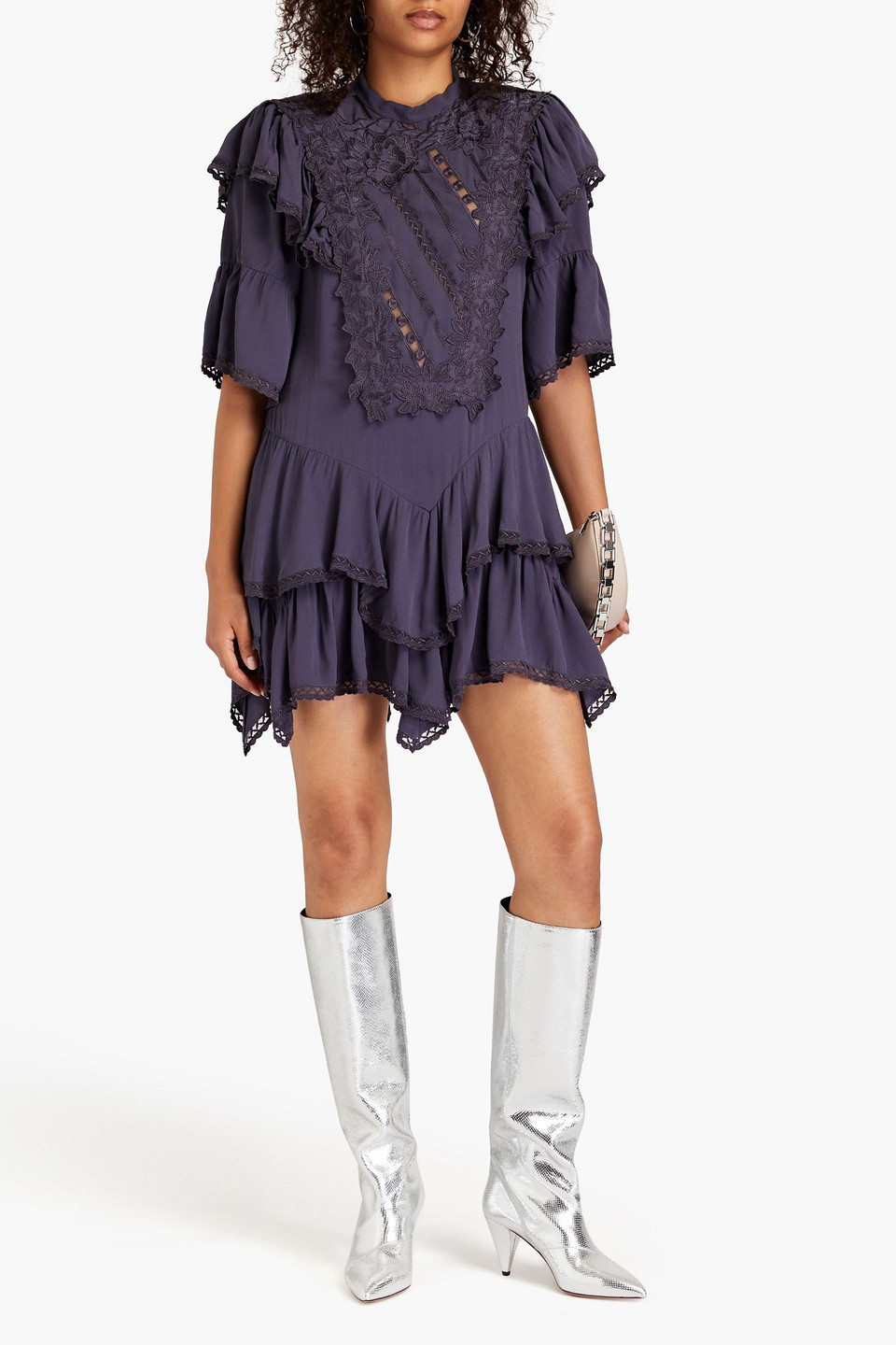 Isabel Marant Lima Ruffled Embroidered Crepe De Chine Mini Dress In Dunkellila