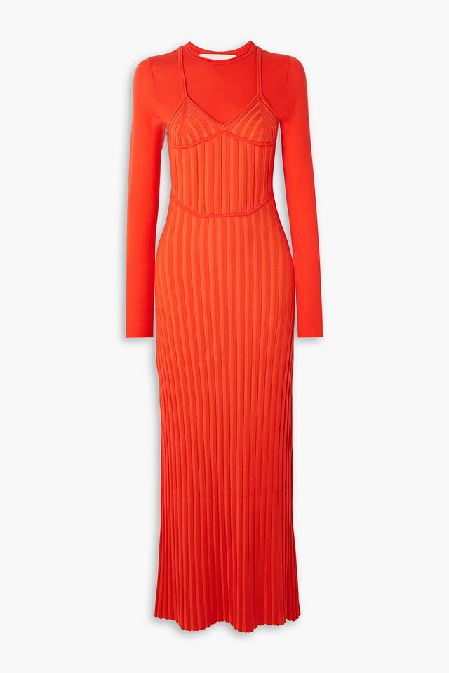 Layered ribbed wool-blend maxi dress