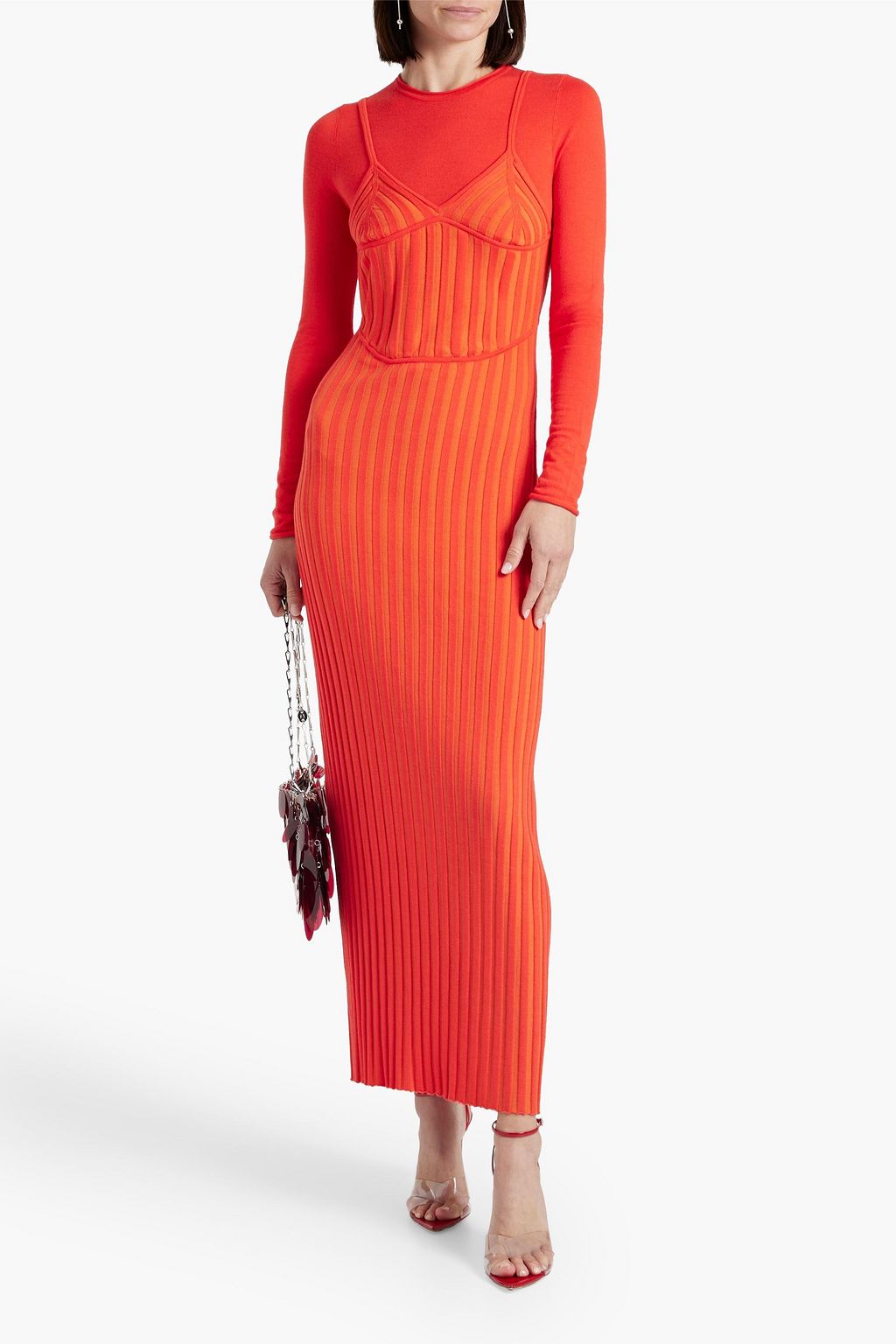 DION LEE فستان طويل بطبقات من مزيجٍ من صوف ميرينو المضلّع