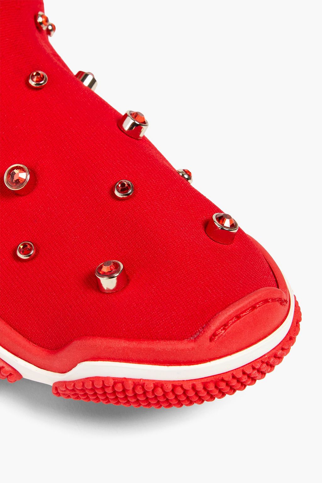 RED(V) حذاء سنيكرز بطول فوق الكاحل من نسيج محبوك مزين بالكريستال