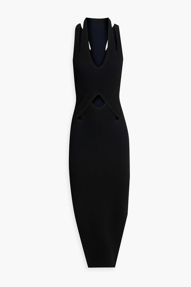 Cutout ribbed-knit halterneck midi dress