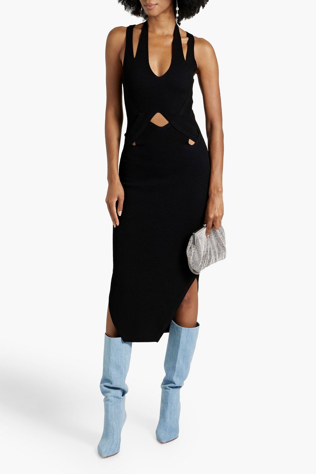 DION LEE فستان متوسط الطول بياقة هالتر الدائرية من نسيج بحبكة مضلّعة مزين بفتحات