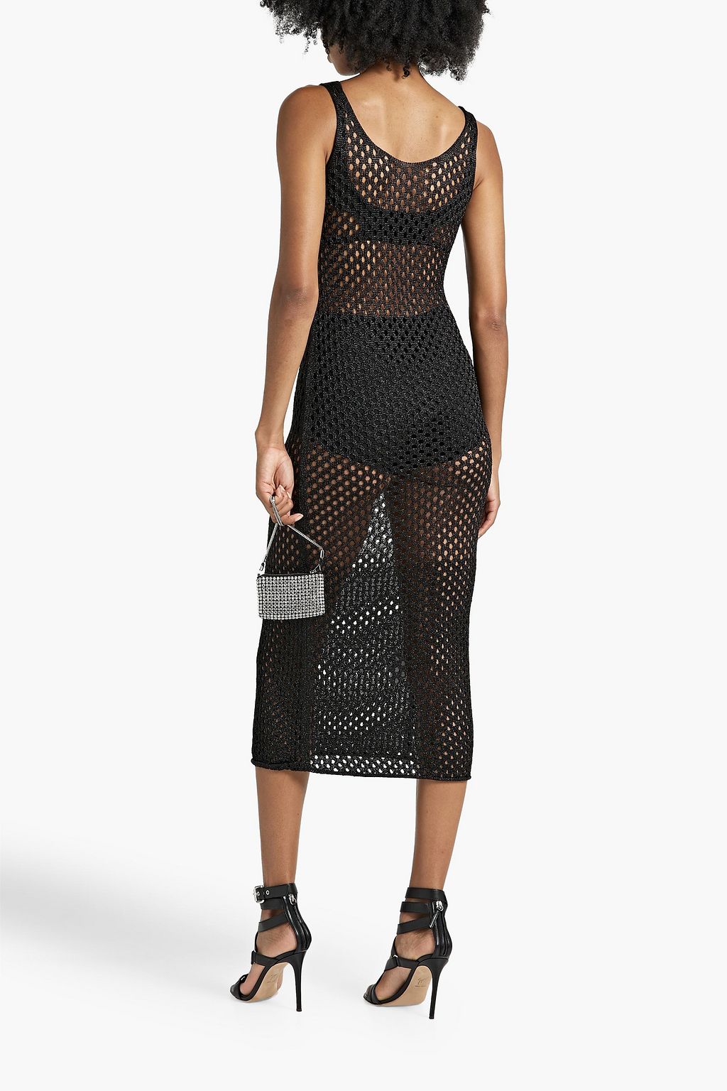 DION LEE 메탈릭 오픈 니트 미디 드레스