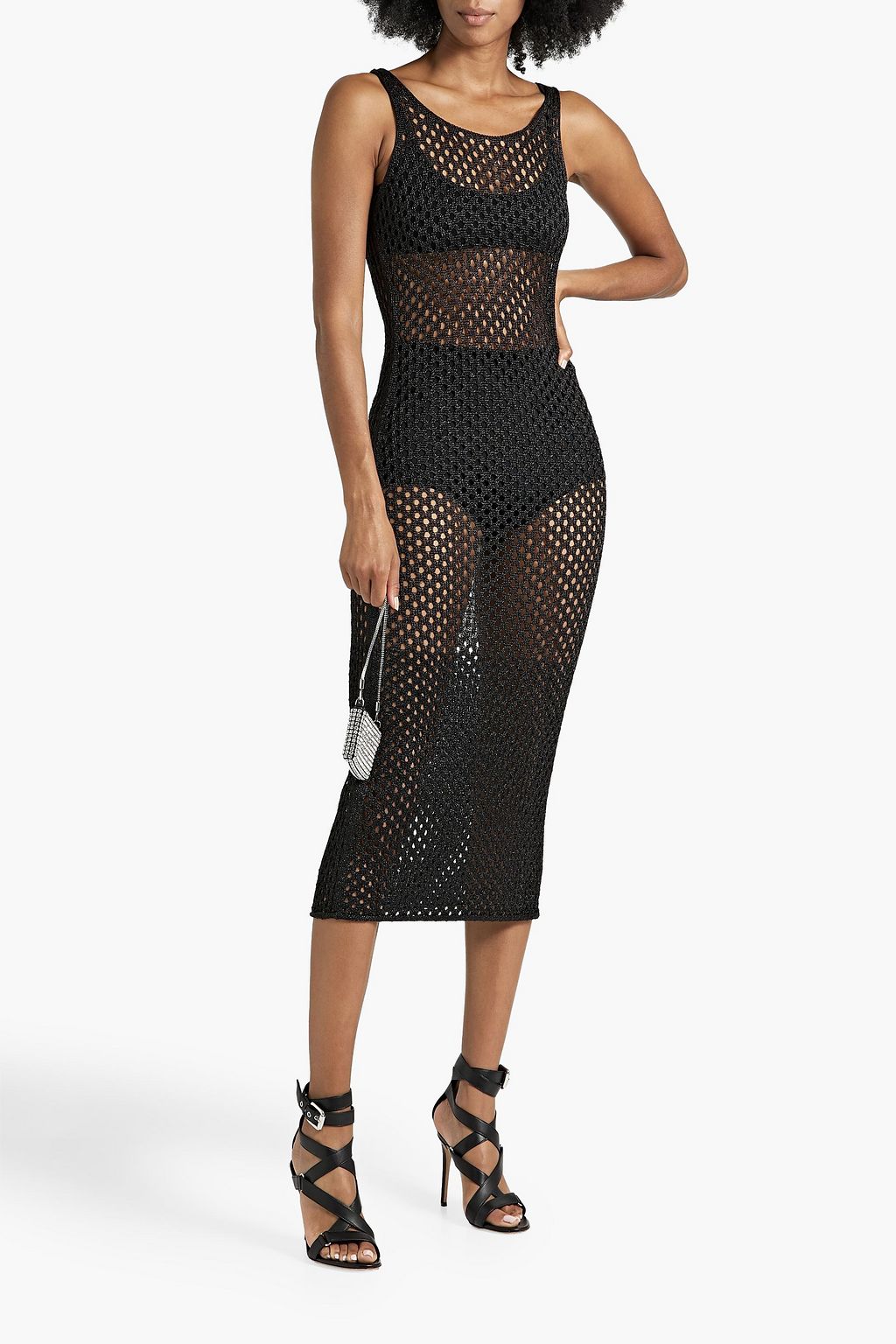 DION LEE 메탈릭 오픈 니트 미디 드레스