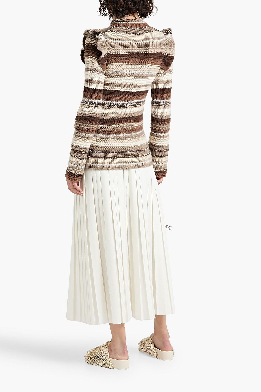 CHLOÉ 러플 디테일 스트라이프 캐시미어 혼방 스웨터