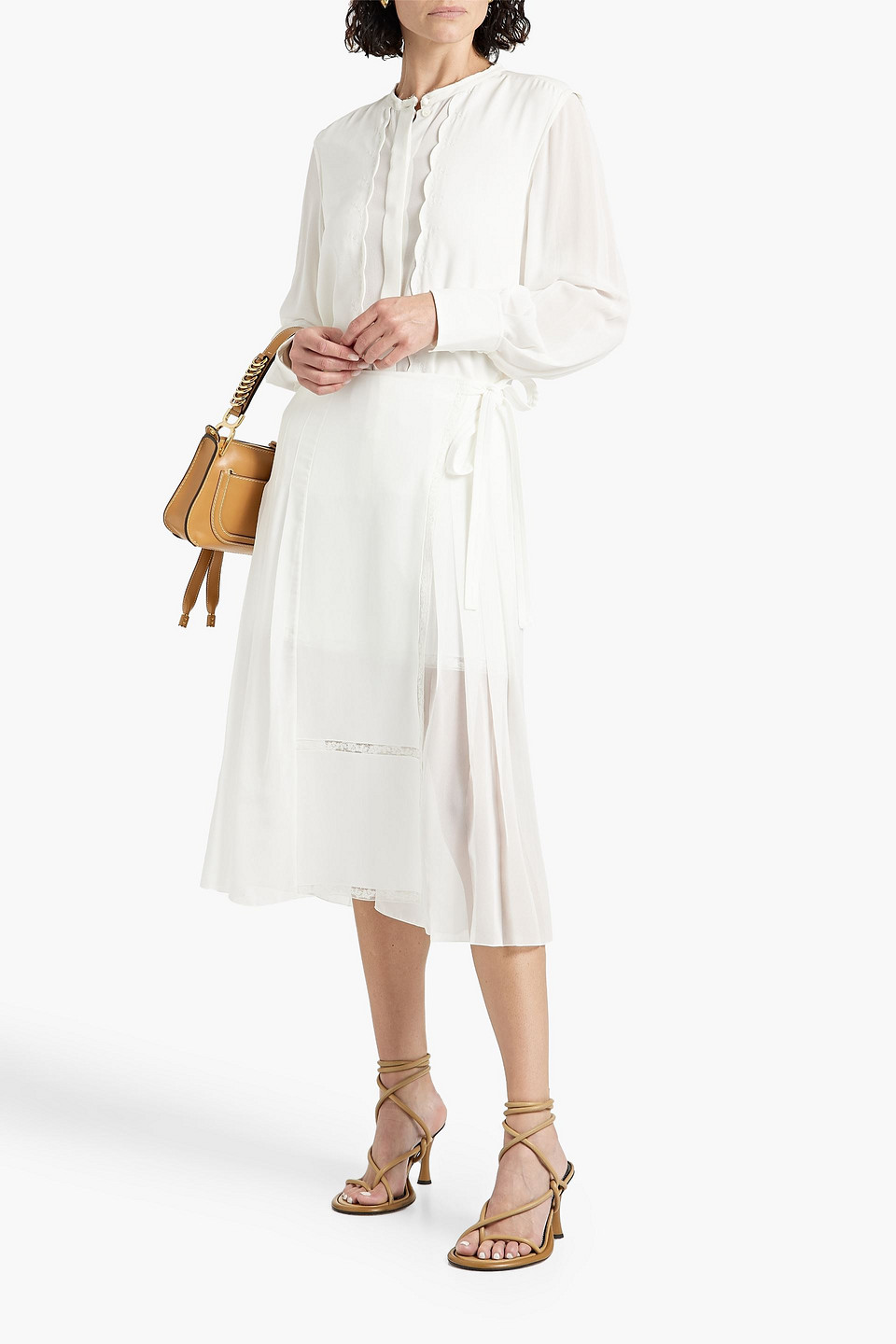 Chloé Lace-trimmed Crepe De Chine Midi Wrap Skirt In Weiss