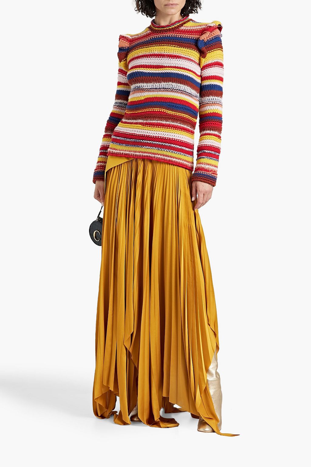 CHLOÉ 러플 디테일 스트라이프 캐시미어 혼방 스웨터