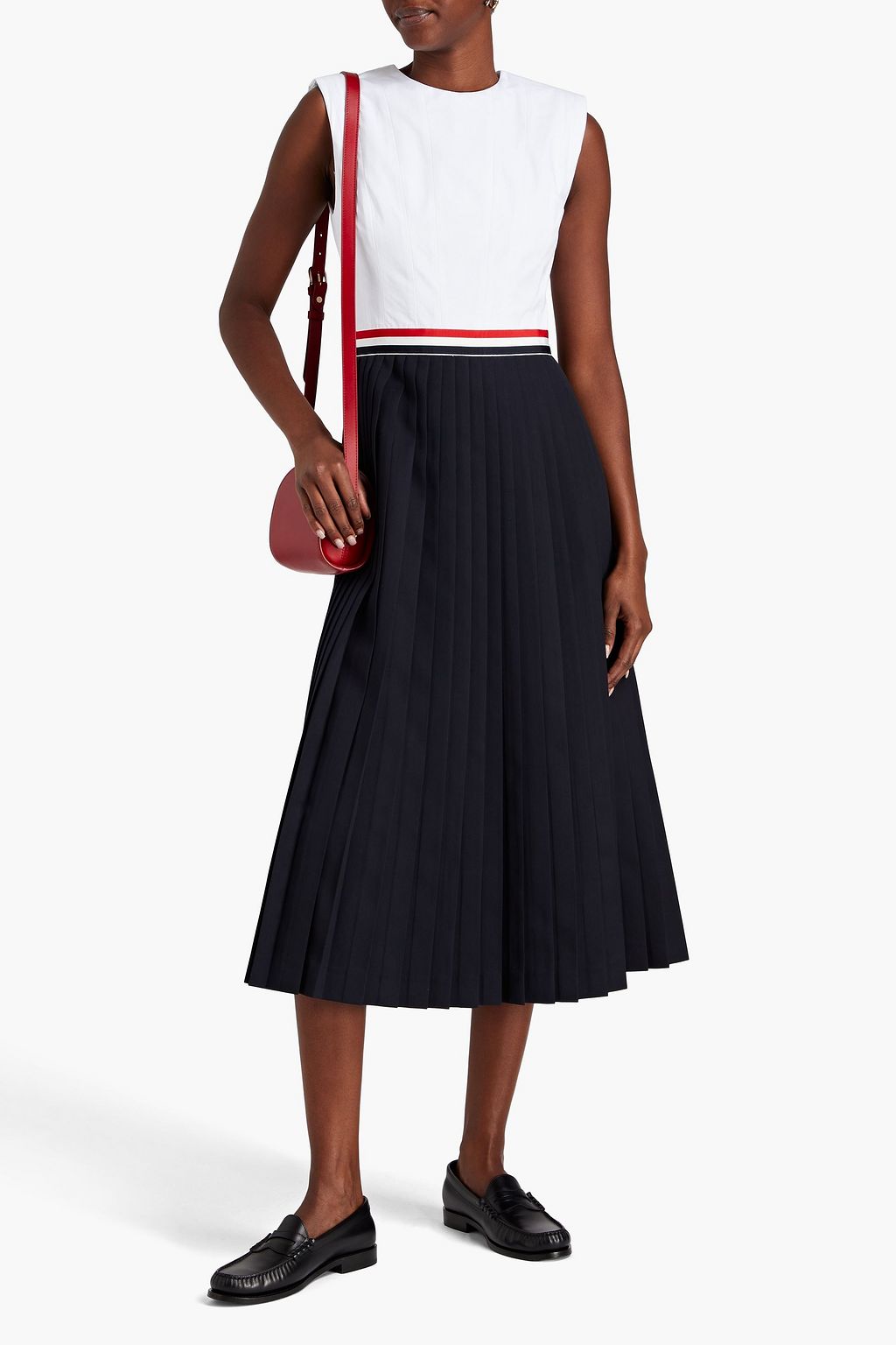 THOM BROWNE Pleated wool-gabardine and poplin midi dress