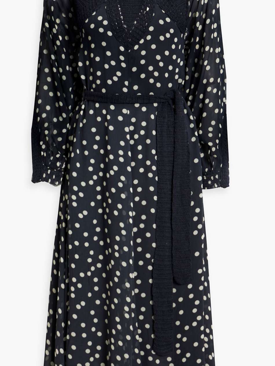 irene crochet-paneled polka-dot crepe de chine midi dress