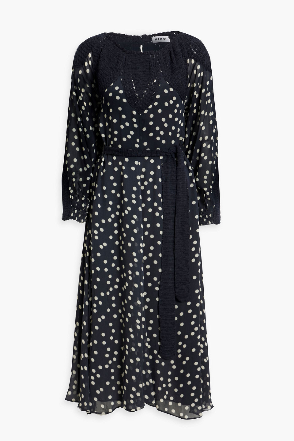 Rixo London Irene Crochet-trimmed Polka-dot Crepe De Chine Midi Dress In Midnight Blue