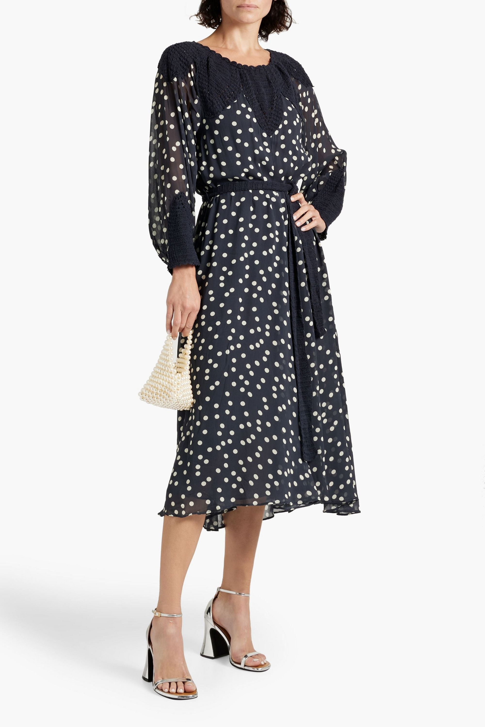 RIXO Irene crochet-paneled polka-dot crepe de chine midi dress