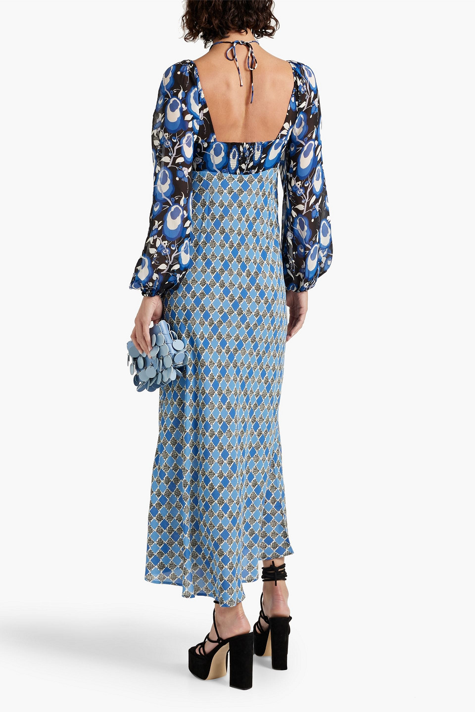 Shop Rixo London Jeanie Floral-appliquéd Printed Crepe Midi Dress In Blue