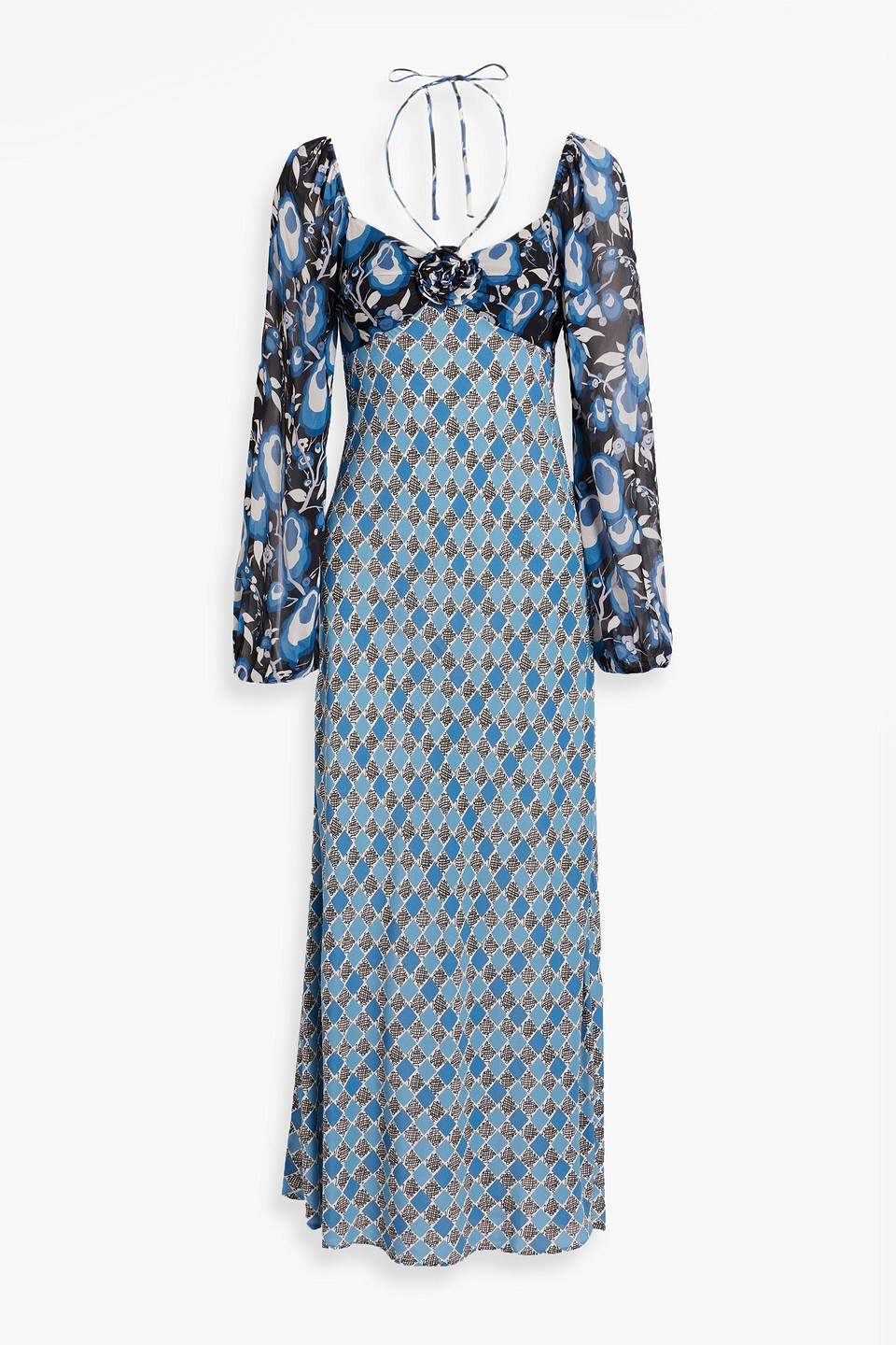 Shop Rixo London Jeanie Floral-appliquéd Printed Crepe Midi Dress In Blue