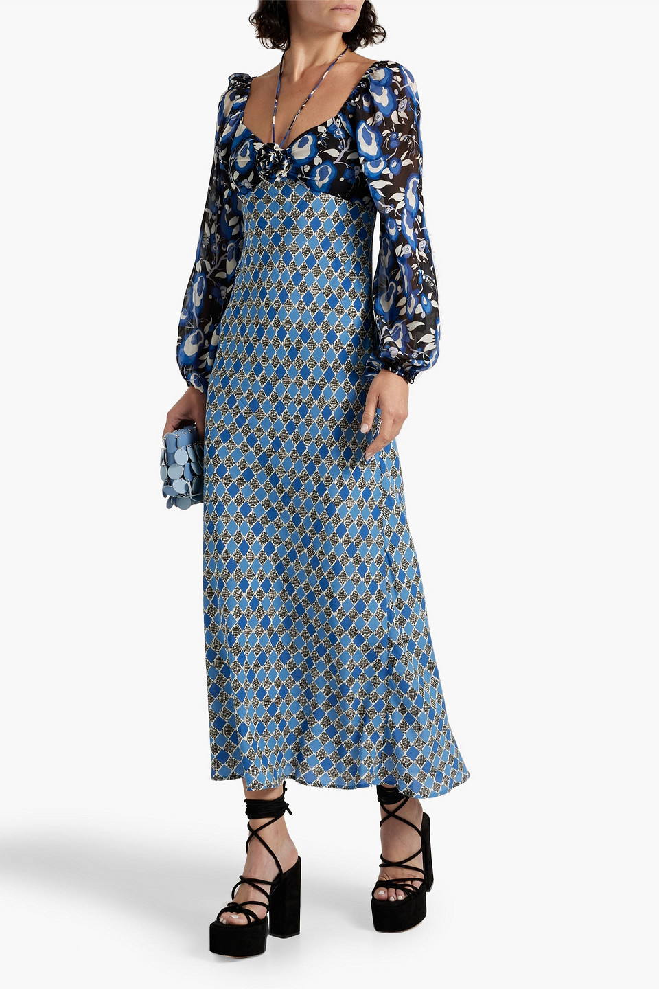 Shop Rixo London Jeanie Floral-appliquéd Printed Crepe Midi Dress In Blue