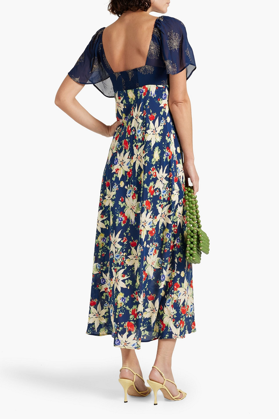 Shop Rixo London Paltrow Glittered Chiffon And Floral-print Silk-crepe Maxi Dress In Navy