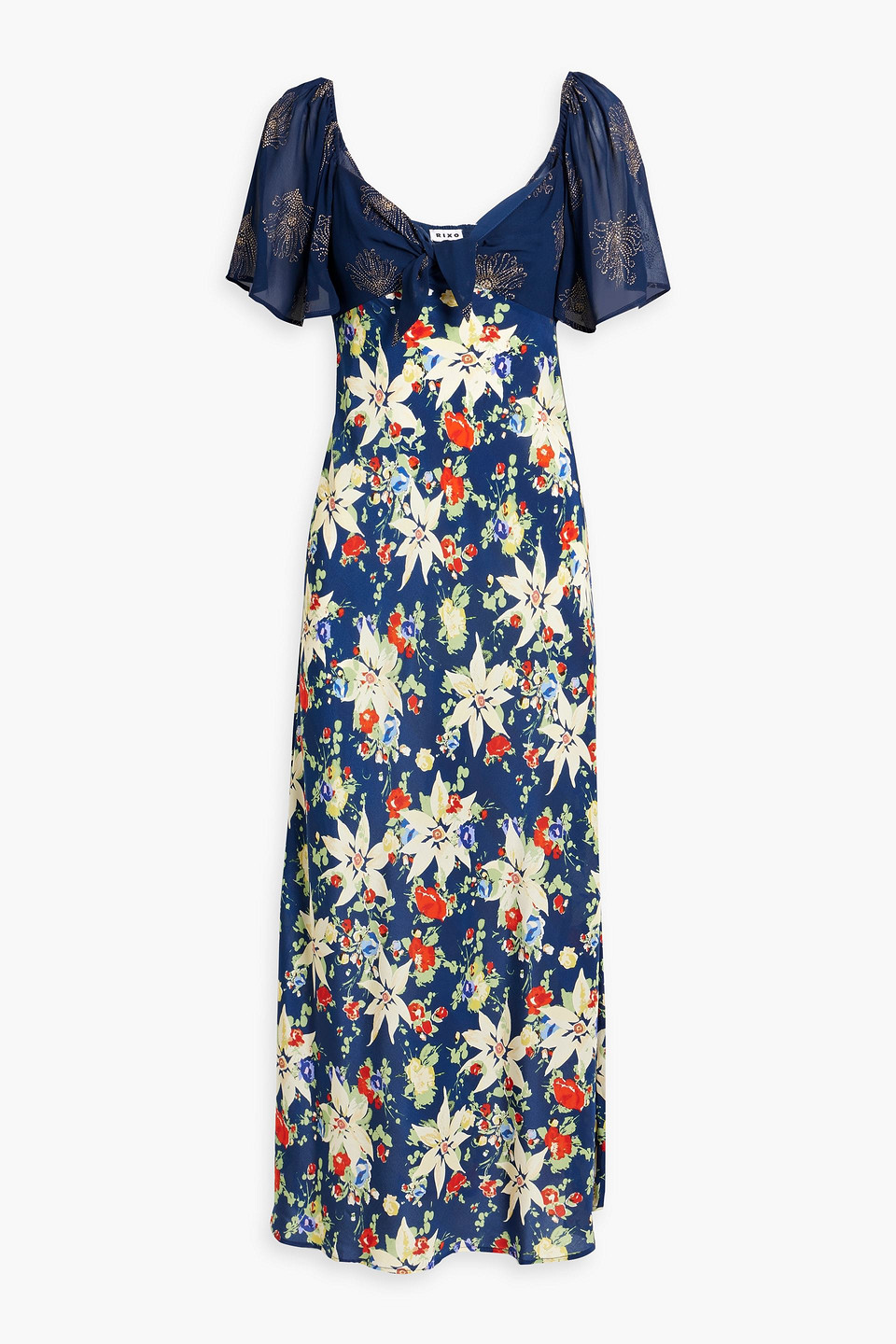 Shop Rixo London Paltrow Glittered Chiffon And Floral-print Silk-crepe Maxi Dress In Navy