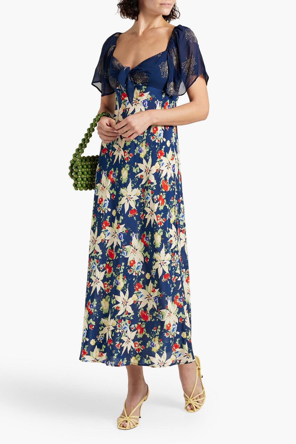 Shop Rixo London Paltrow Glittered Chiffon And Floral-print Silk-crepe Maxi Dress In Navy