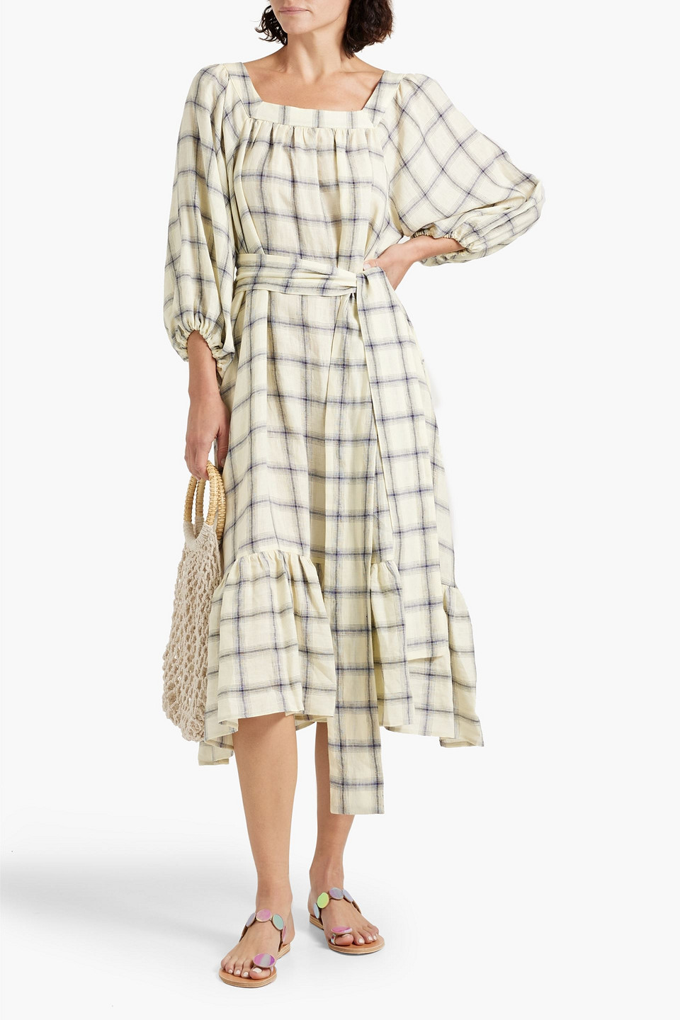 Shop Lisa Marie Fernandez Laure Checked Linen-blend Gauze Midi Dress In Pastel Yellow