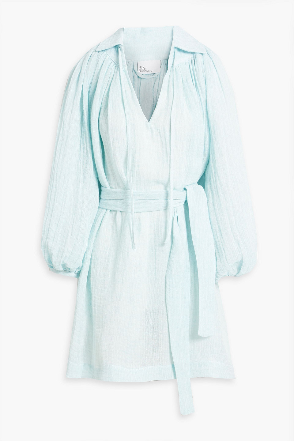 Lisa Marie Fernandez Belted Linen-blend Gauze Mini Dress In Sky Blue