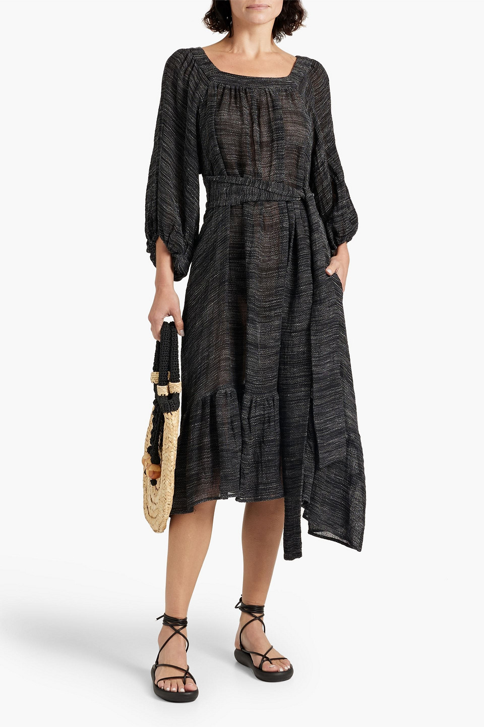 Shop Lisa Marie Fernandez Laure Linen-blend Gauze Midi Dress In Black