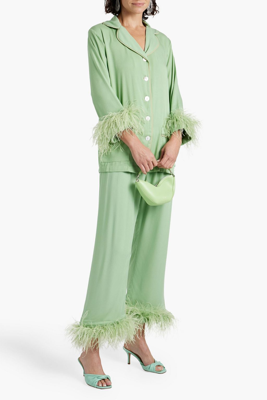 SLEEPER Party feather-embellished twill pajama set
