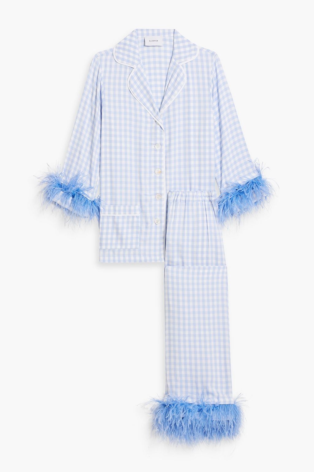 Party checked feather-embellished twill pajama set