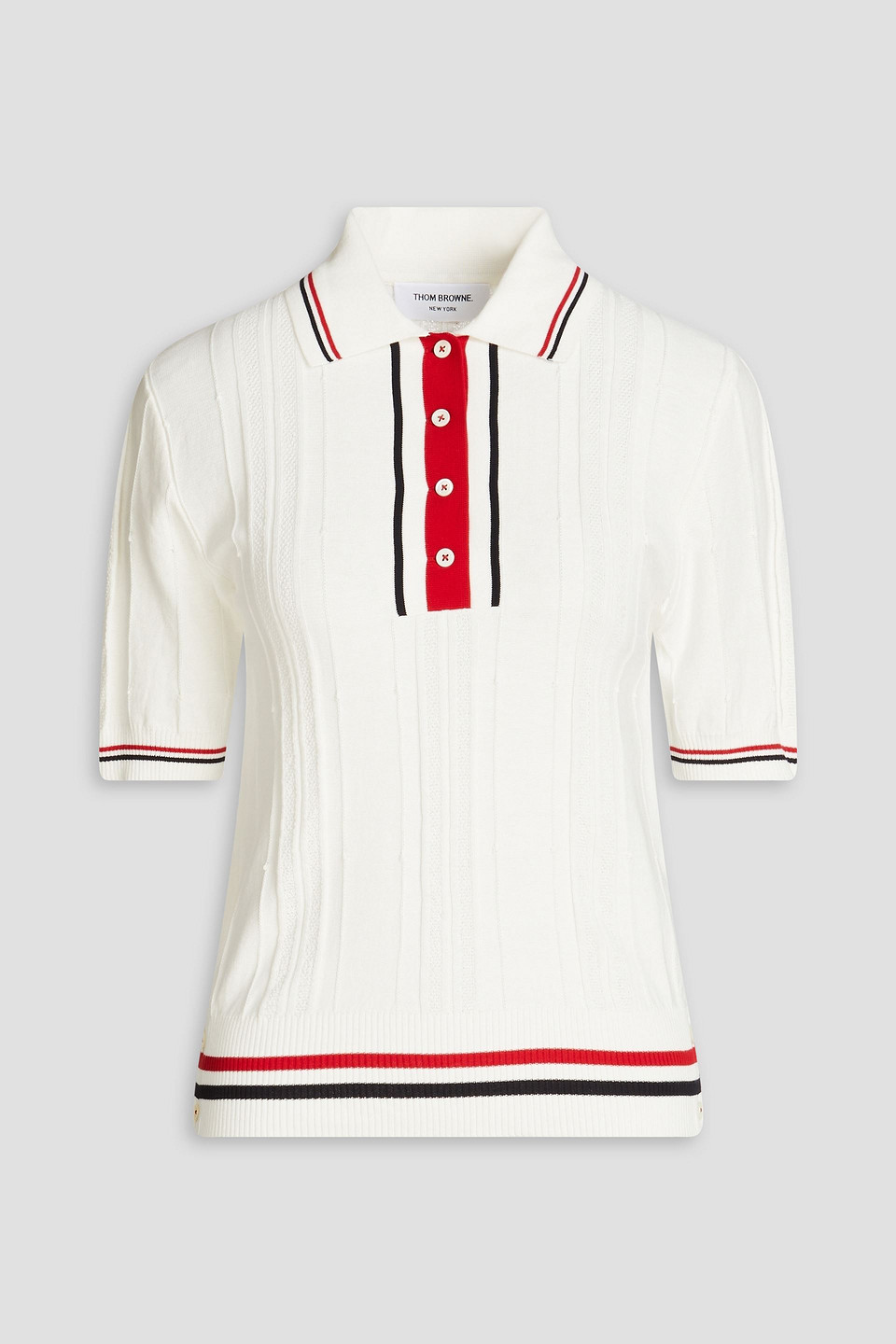 Thom Browne Gestreiftes Poloshirt Aus Baumwolle In Pointelle-strick In White