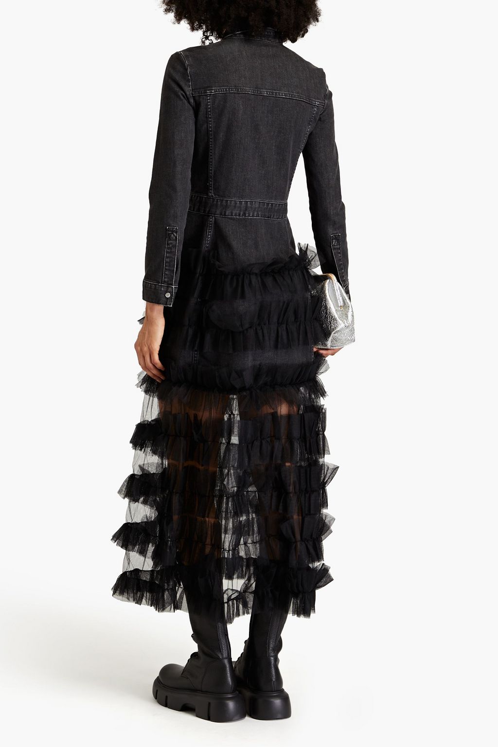 REDVALENTINO Ruffled tulle and denim midi dress