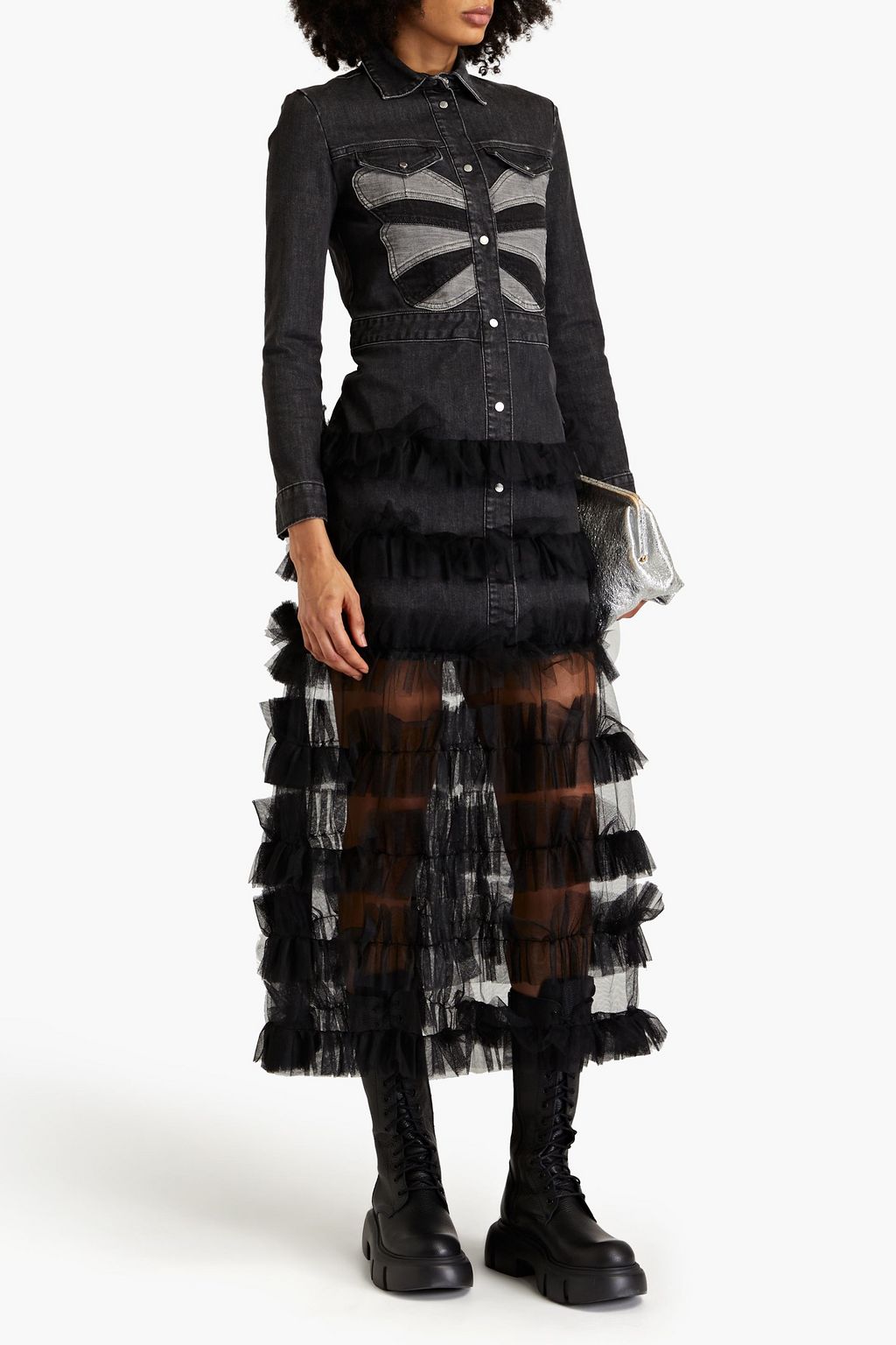 REDVALENTINO Ruffled tulle and denim midi dress