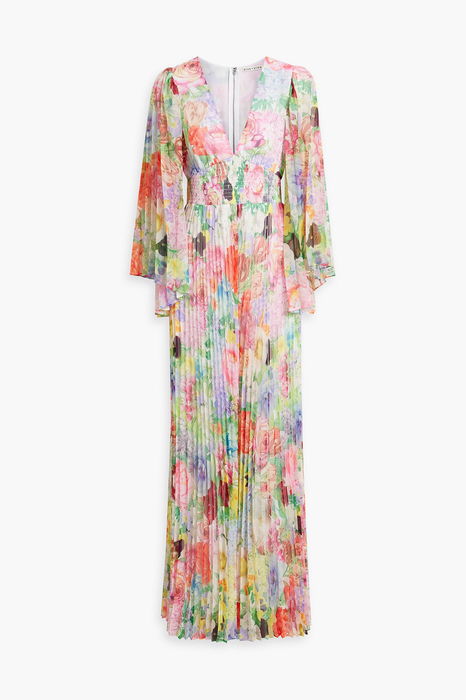 Shop Alice And Olivia Bennet Pleated Floral-print Chiffon Wide-leg Jumpsuit In Multicolor