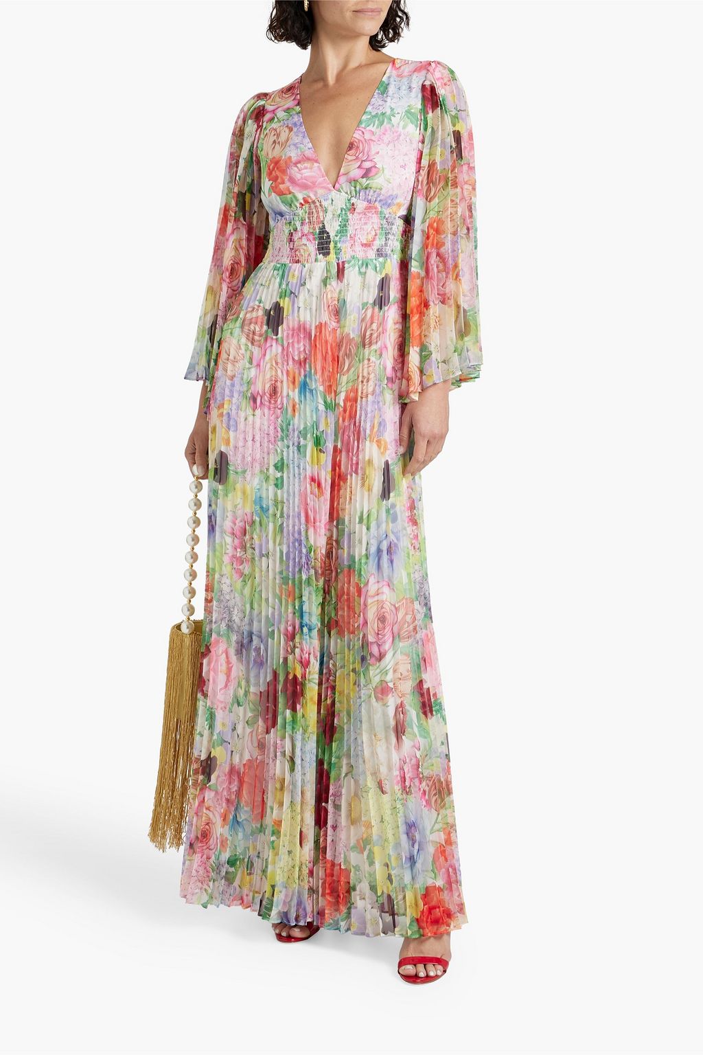 ALICE + OLIVIA Bennet plissierter Jumpsuit mit weitem Bein aus Chiffon mit floralem Print
