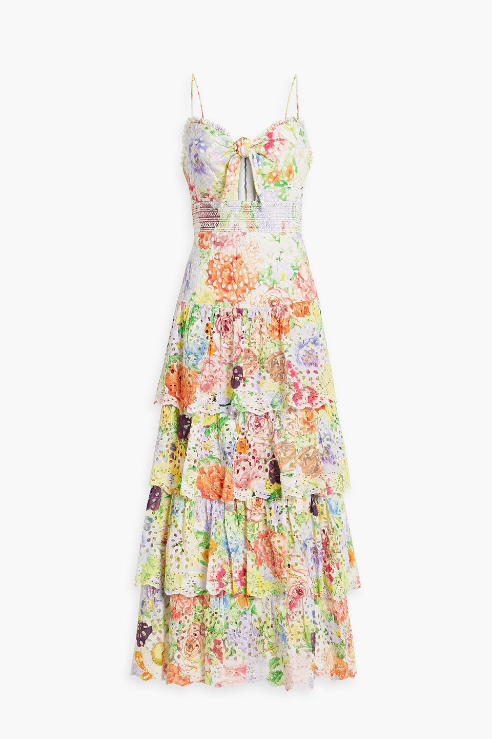 Alice And Olivia Fina Floral Embroidered Eyelet Ruffle Tiered Midi Dress In Light Green
