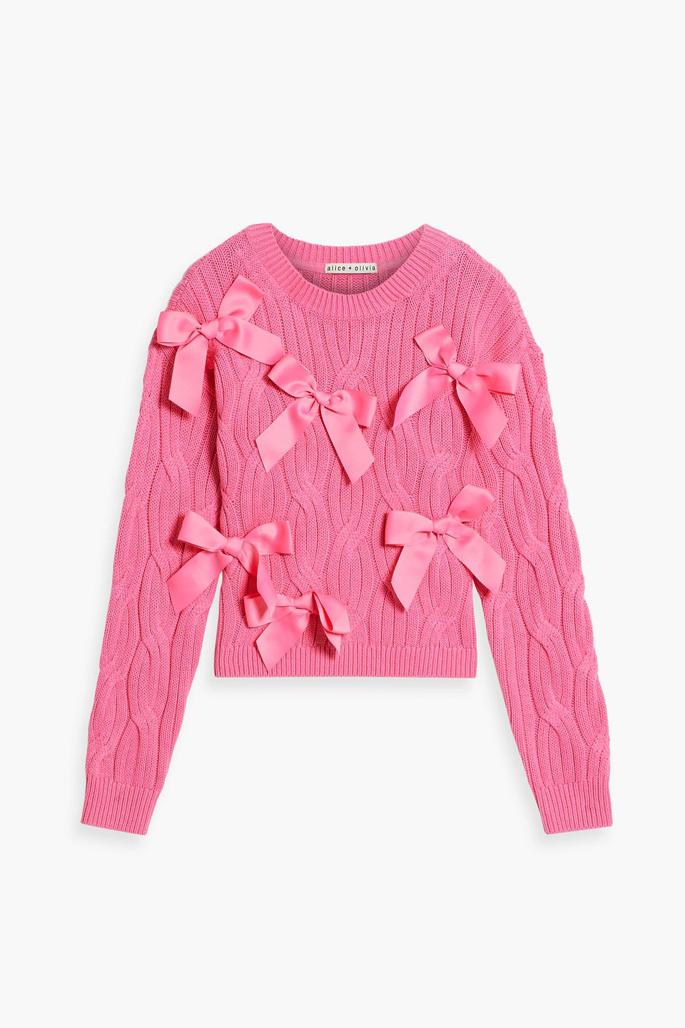 Alice And Olivia Bow-embellished Cable-knit Jumper In Pink