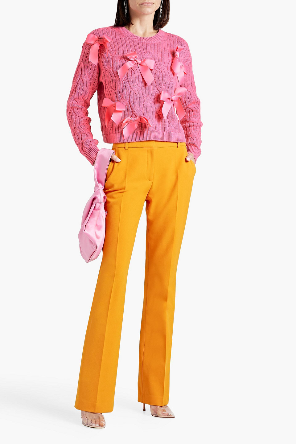 ALICE AND OLIVIA BEAU BOW-EMBELLISHED CABLE-KNIT SWEATER