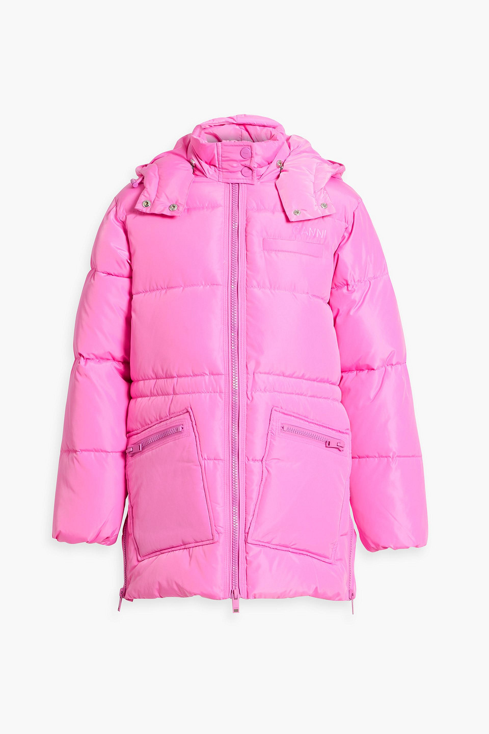 Ganni Quilted Shell Hooded Coat In Pink