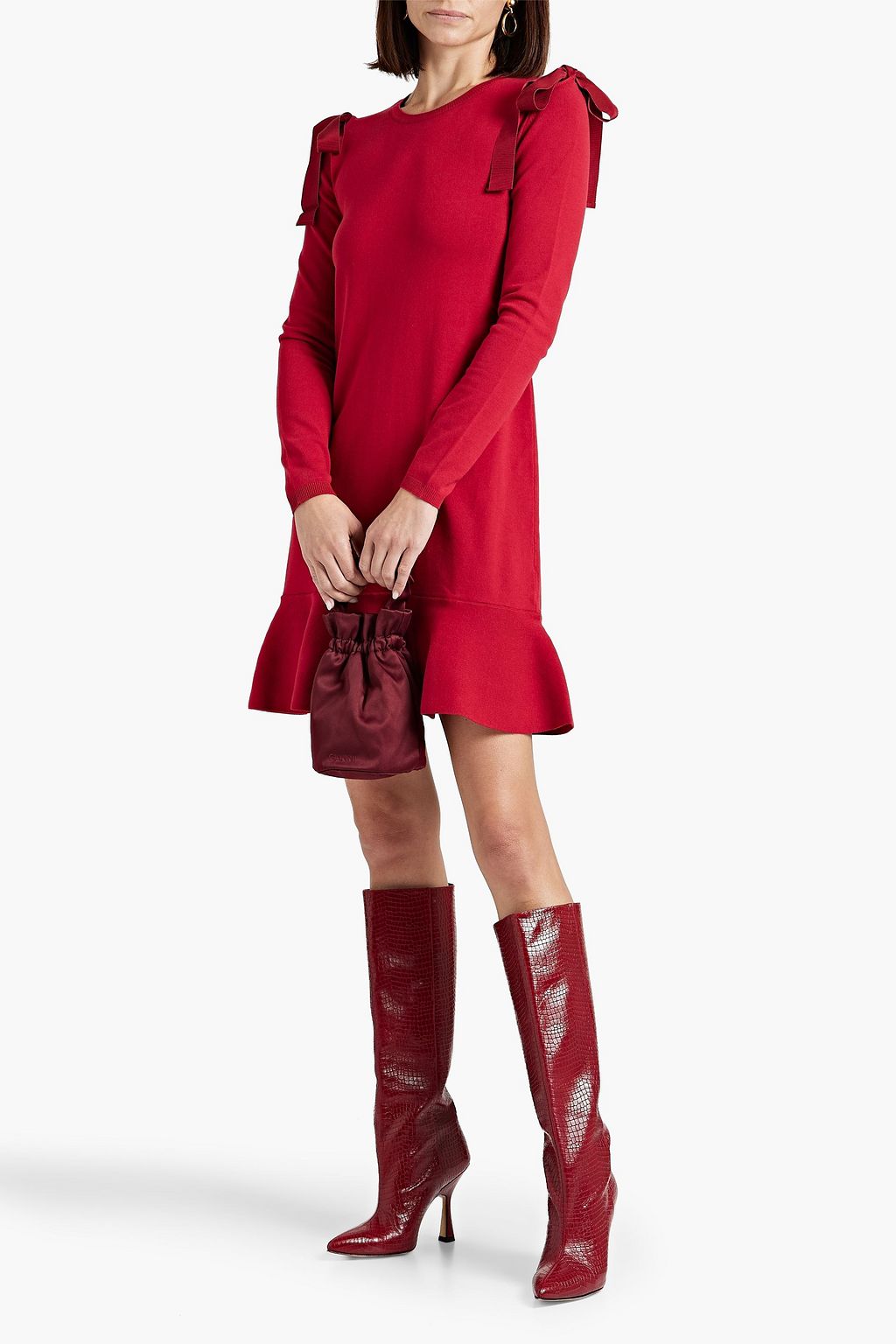 REDVALENTINO Fluted bow-detailed stretch-knit mini dress