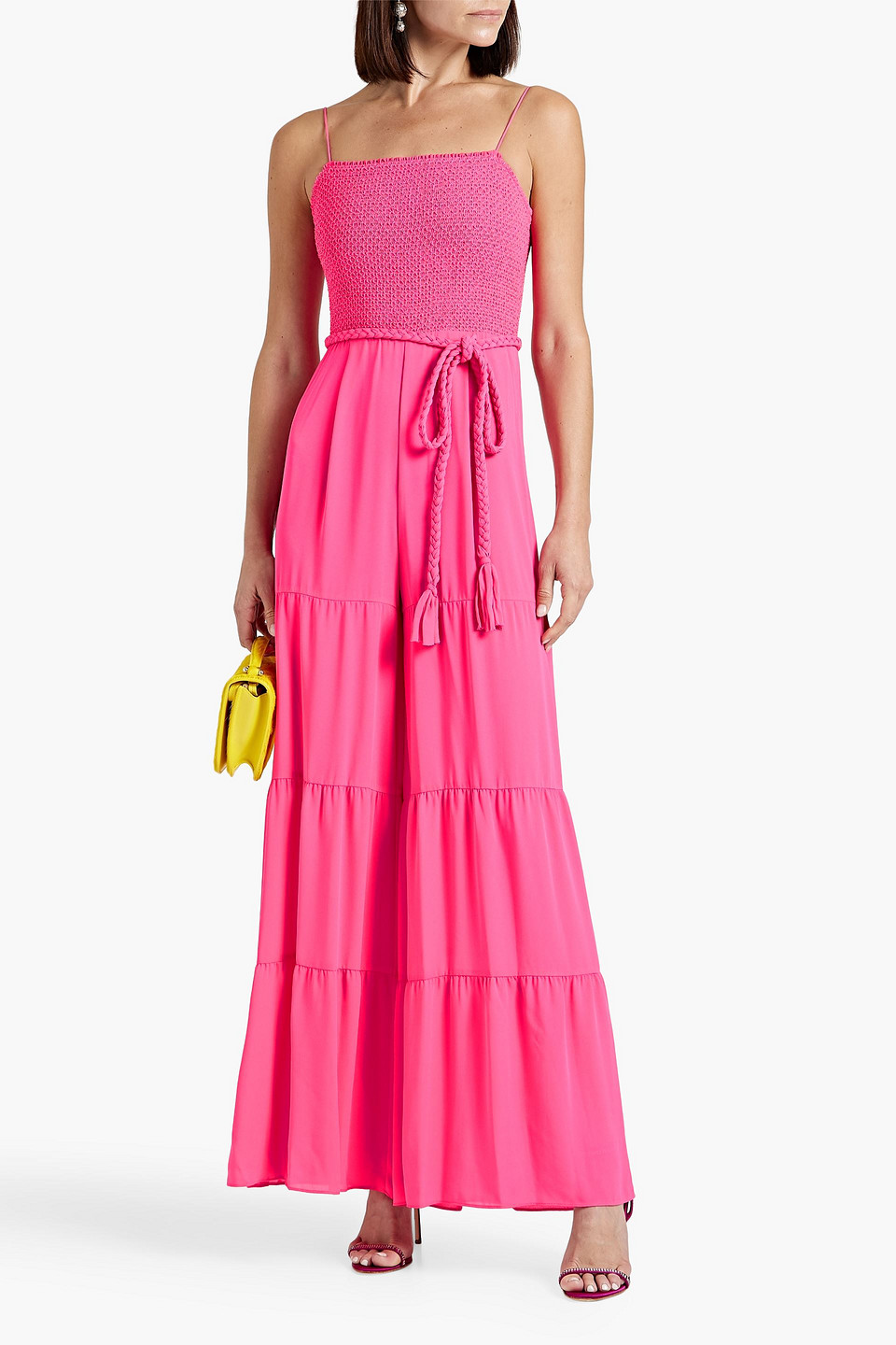 Shop Alice And Olivia Liya Smocked Crepe Wide-leg Jumpsuit In Bright Pink