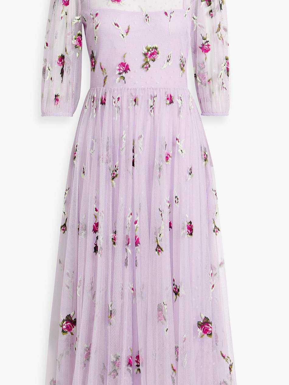 pleated embroidered point d'esprit midi dress