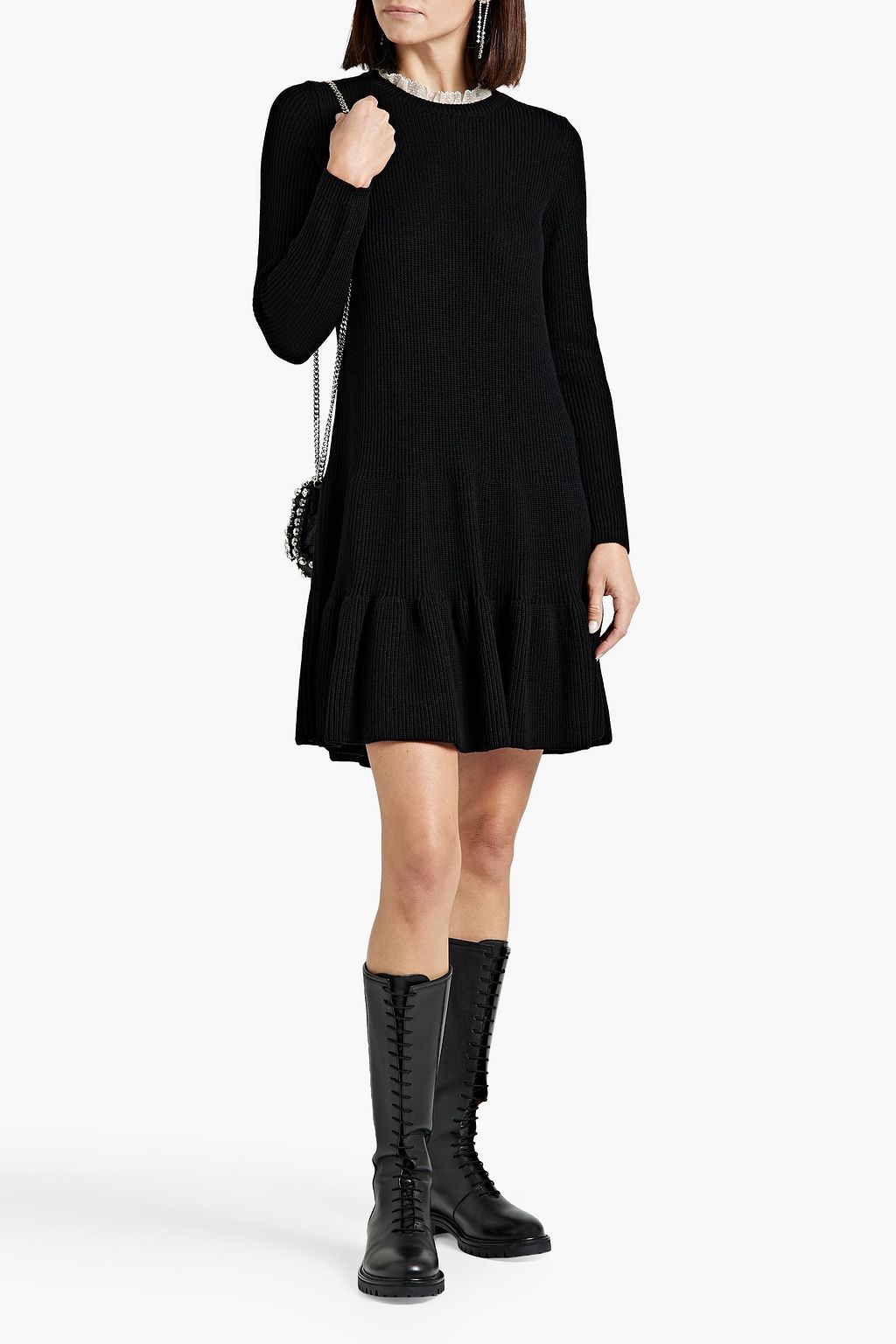 REDVALENTINO Point d'esprit-trimmed ribbed wool mini dress