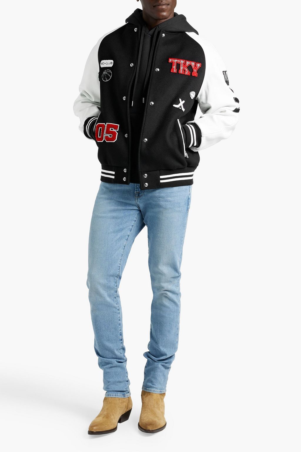 IRO Dave appliquéd leather-paneled wool-blend felt bomber jacket