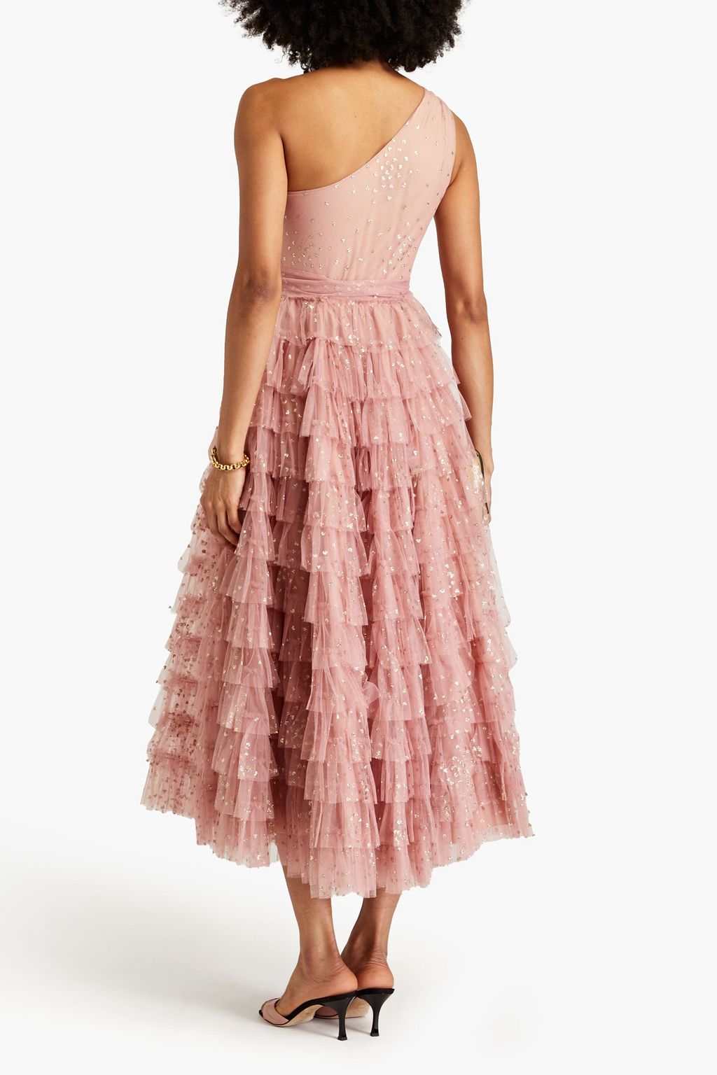 REDVALENTINO One-shoulder tiered glittered tulle midi dress