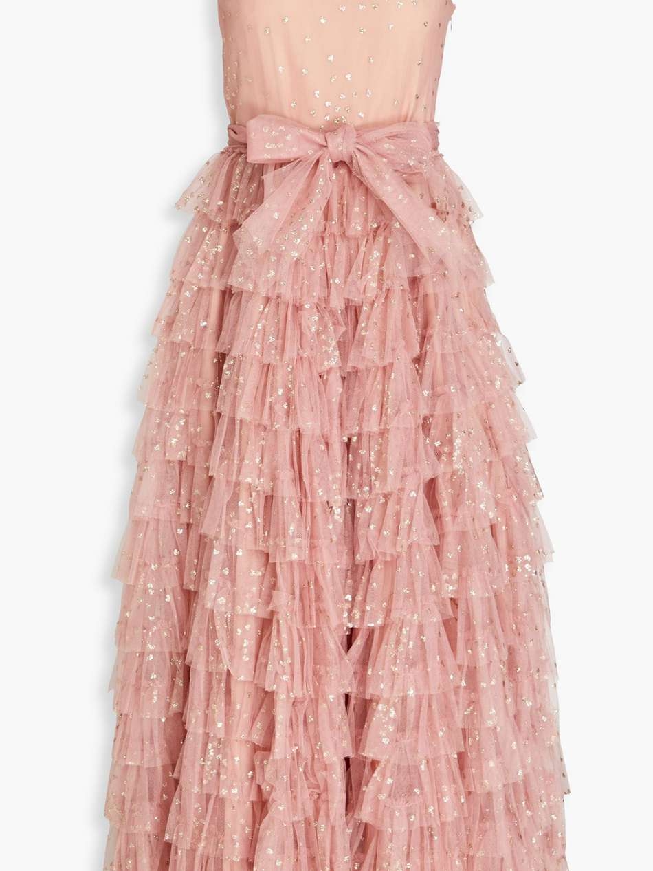 one-shoulder tiered glittered tulle midi dress