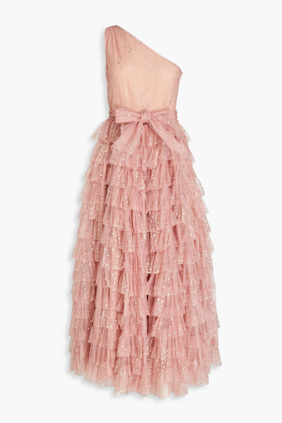 Red Valentino One-shoulder Tiered Glittered Tulle Midi Dress In Pink