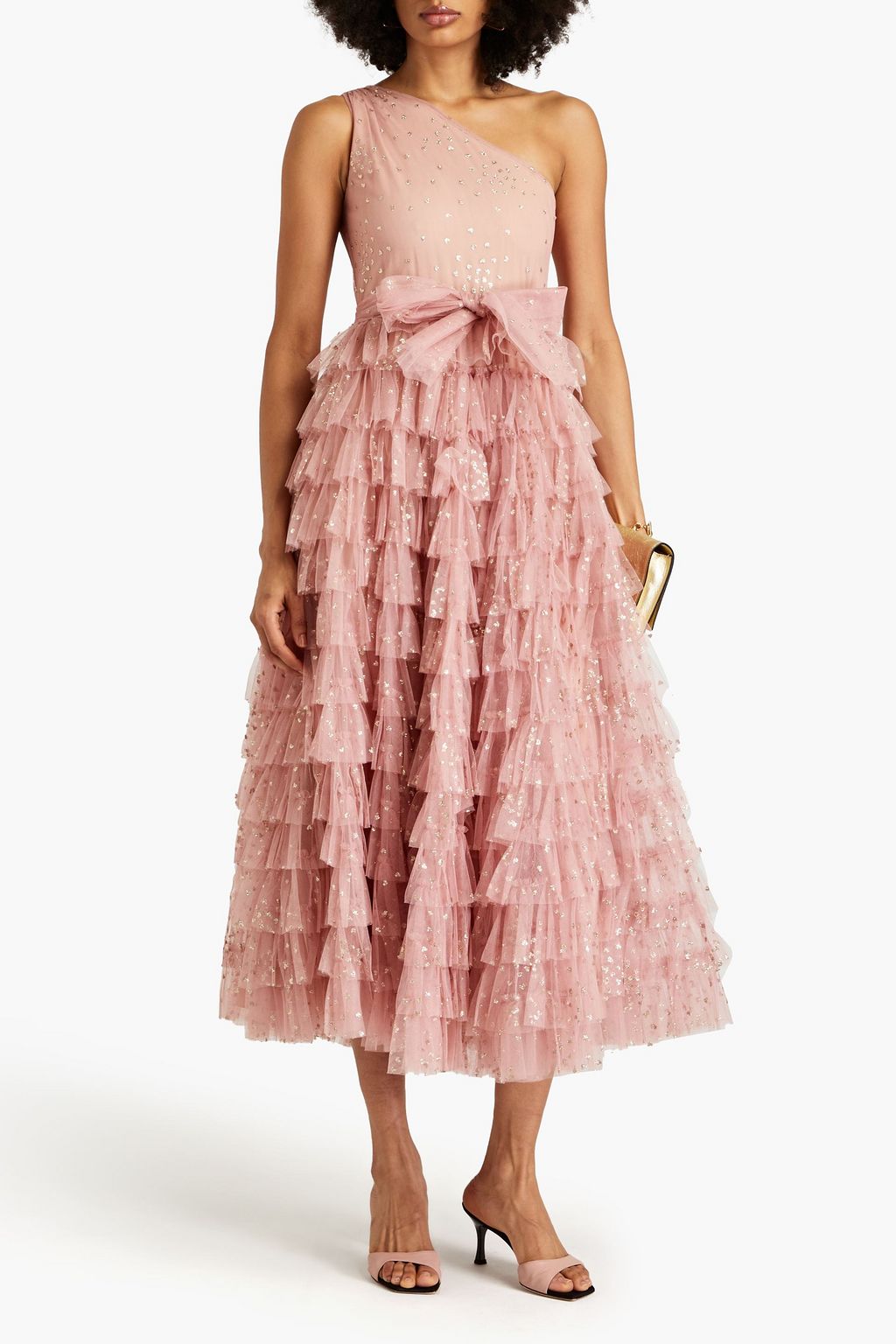 REDVALENTINO One-shoulder tiered glittered tulle midi dress