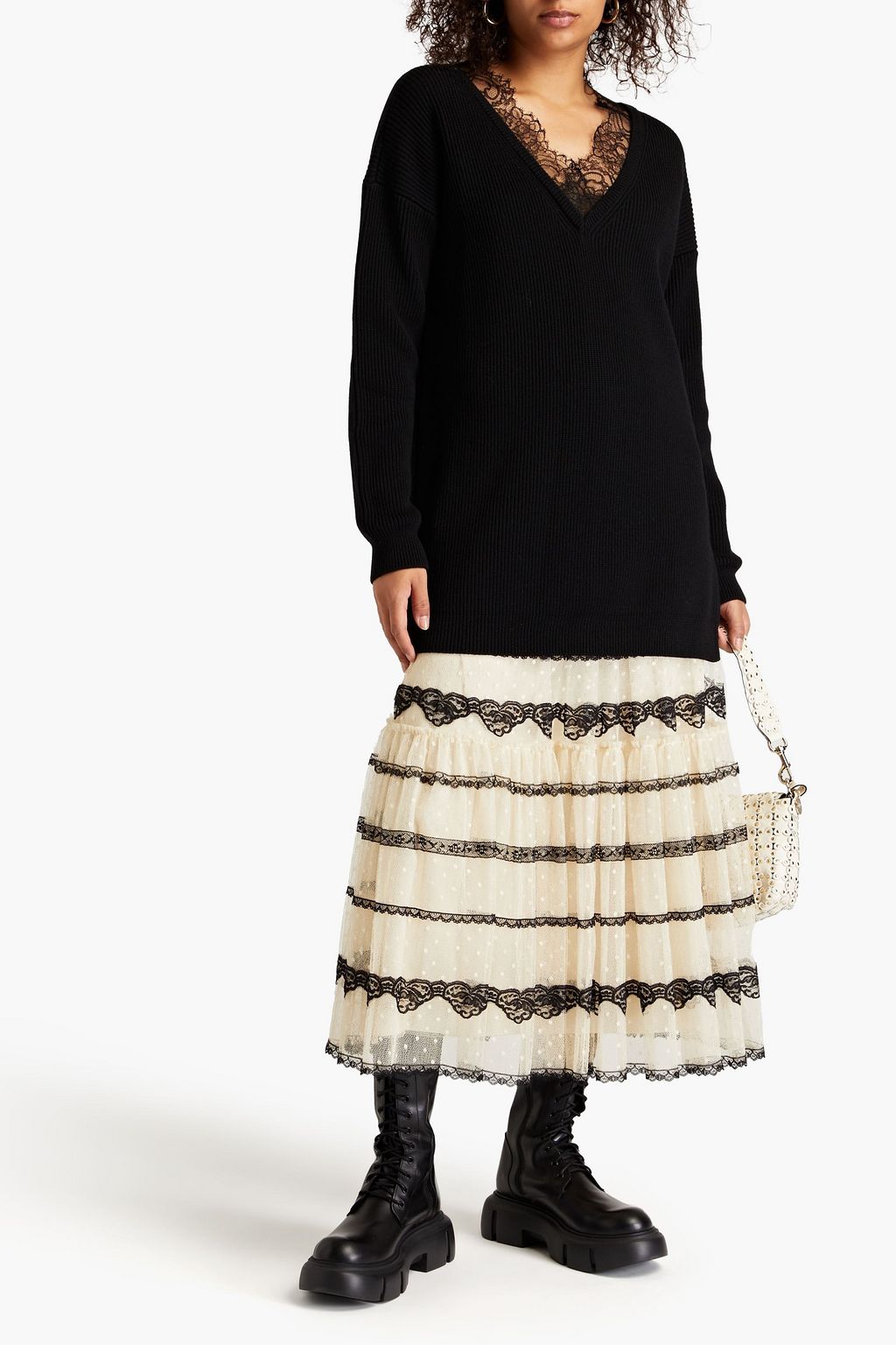 REDVALENTINO リブ編みウール オーバーサイズセーター レーストリム