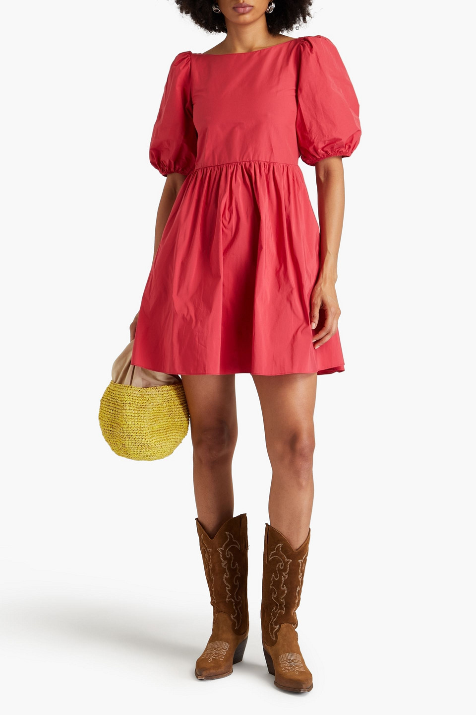 Red Valentino Gathered Cotton-blend Taffeta Mini Dress In Coral