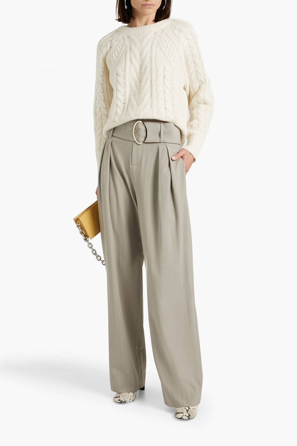 Shop Iro Orida Belted Herringbone Jacquard Wide-leg Pants In Stone