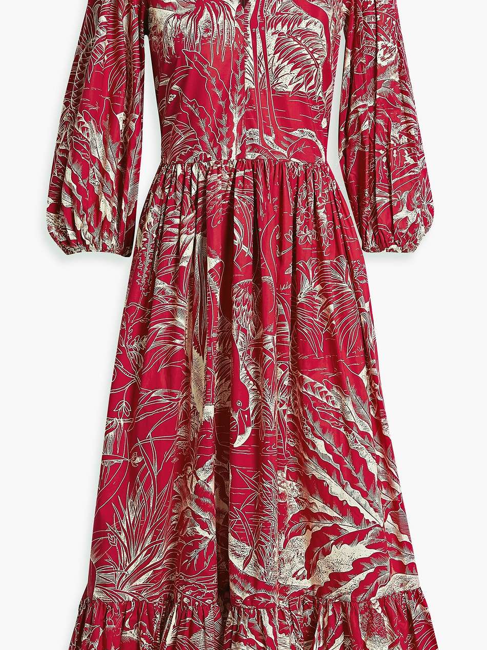 gathered printed cotton-poplin midi dress